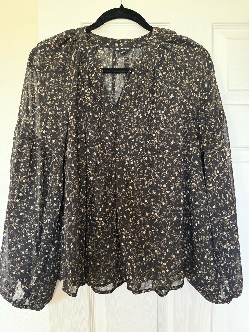 Blu Pepper Black Floral Split V-Neck Sheer Peasant Top